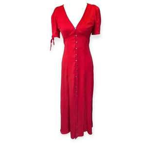 Express Midi Dress Red Waist Defined Button Front Open Back Silky Holiday